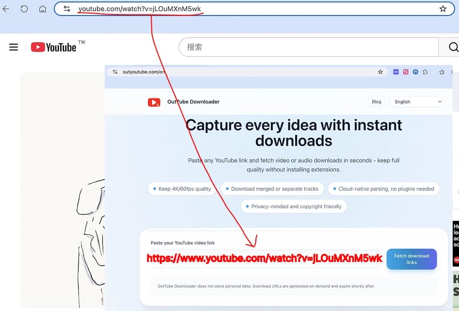 Example showing the paste-link workflow inside OutYoutube.com